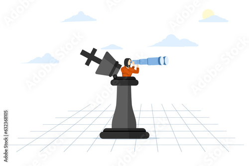 success strategy concept, leadership vision or looking for opportunity, competitor analysis, plan ahead to win business competition, businesswoman opening chess king with binoculars to look ahead.