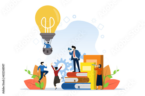 new idea search concept, teamwork in company, brainstorming, fantasy flight, thought process, balloon in light bulb vector shape, flat vector illustration on a white background.
