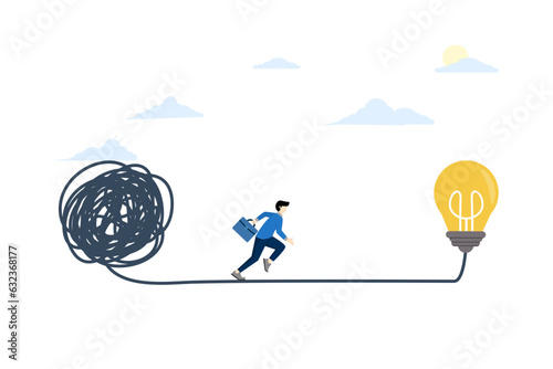 simplification concept of idea to find solution, process of thinking or creativity to solve problem, finding easy way, smart entrepreneur moving away from chaos of lines towards simple light bulb idea