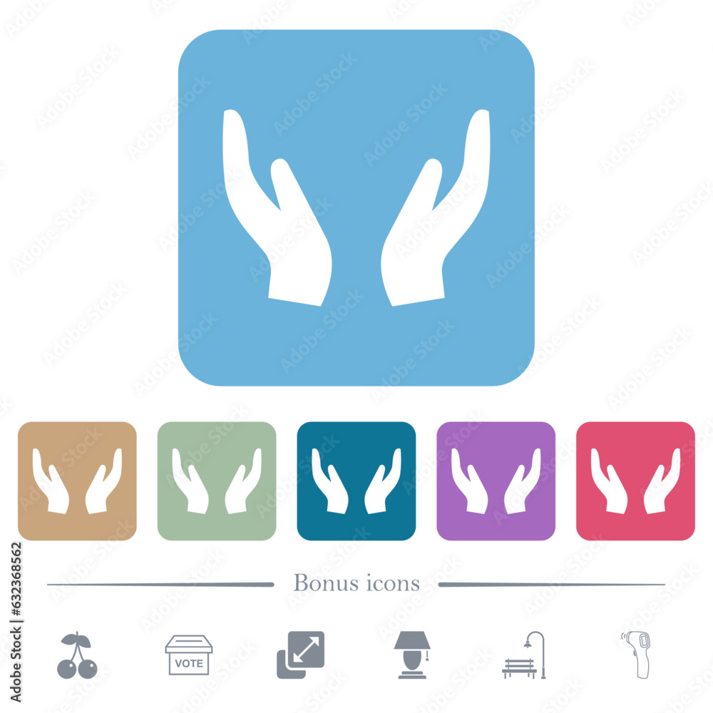 Empty protecting hands solid flat icons on color rounded square backgrounds