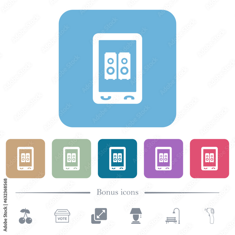 Mobile speakerphone flat icons on color rounded square backgrounds Mobile speakerphone flat icons on color rounded square backgrounds