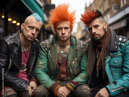 Three punk rockers from Britain flaunt vibrant mohawks and leather jackets, embodying rebellion and individuality with striking style. © Vagner Castro