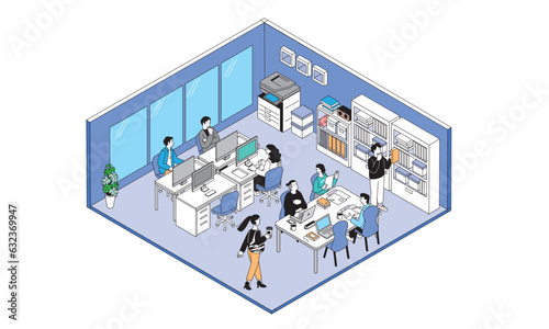アイソメトリック構図のオフィス　ミーティングやデスクワークをする人々のイラスト
