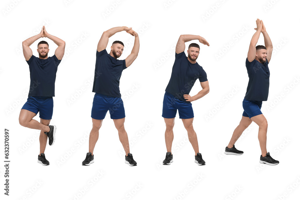Fototapeta premium Young man doing morning exercises on white background, collage design