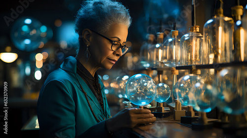 an elderly gray-haired African American lady works in a high-tech production, an old lady successfully works in a biolab, a portrait at work