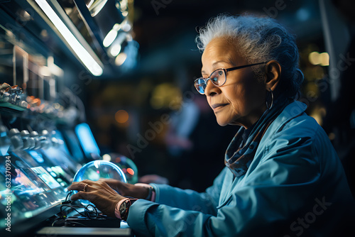 an elderly gray-haired African American lady works in a high-tech production, an old lady successfully works in a biolab, a portrait at work © Yuliia