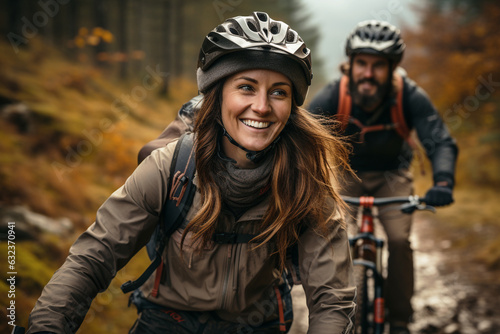 active and healthy lifestyle, a young couple biking through a picturesque forest, woman man ride bicycle through autumn forest, enjoying crisp autumn or winter air as they engage in outdoor activities