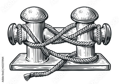 Old marine bollard with rope tied on pier. Hand drawn sketch vintage vector illustration