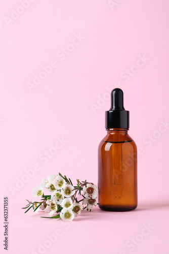 Bottle with cosmetic oil and flowers on pink background, space for text
