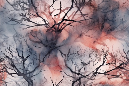 branches of trees without leaves continuous watercolor pattern. Hand-drawn image of autumn. abstract backdrop of branches. Generative AI