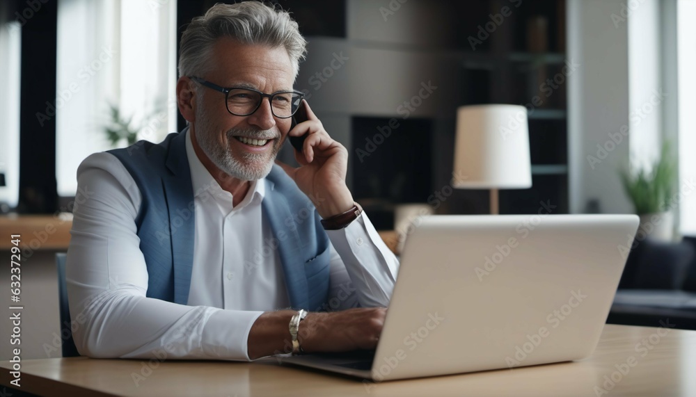Mature business man watching webinar or having virtual meeting on laptop Mature business man watching webinar or having virtual meeting on laptop