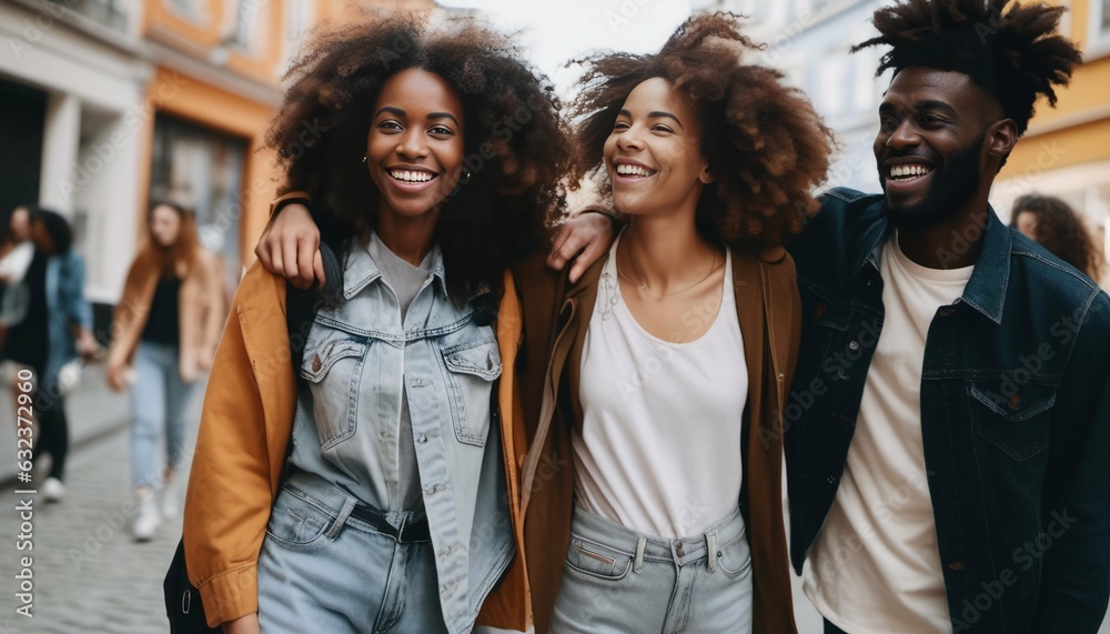 Multiracial friends having fun on city street - gen z lifestyle concept Multiracial friends having fun on city street - gen z lifestyle concept
