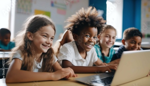 Smiling children with laptop in multiracial classroom