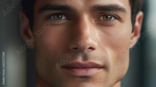 A close-up of a confident man with flawless skin, showcasing the results of a well-crafted skincare regimen. 