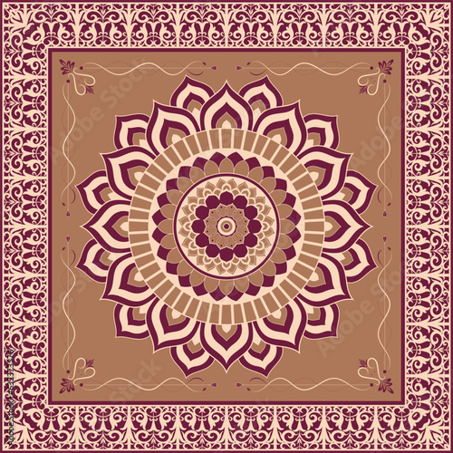 Square silk scarf with mandala sun and paisley border in indian style. Orienatal ethnic motives.