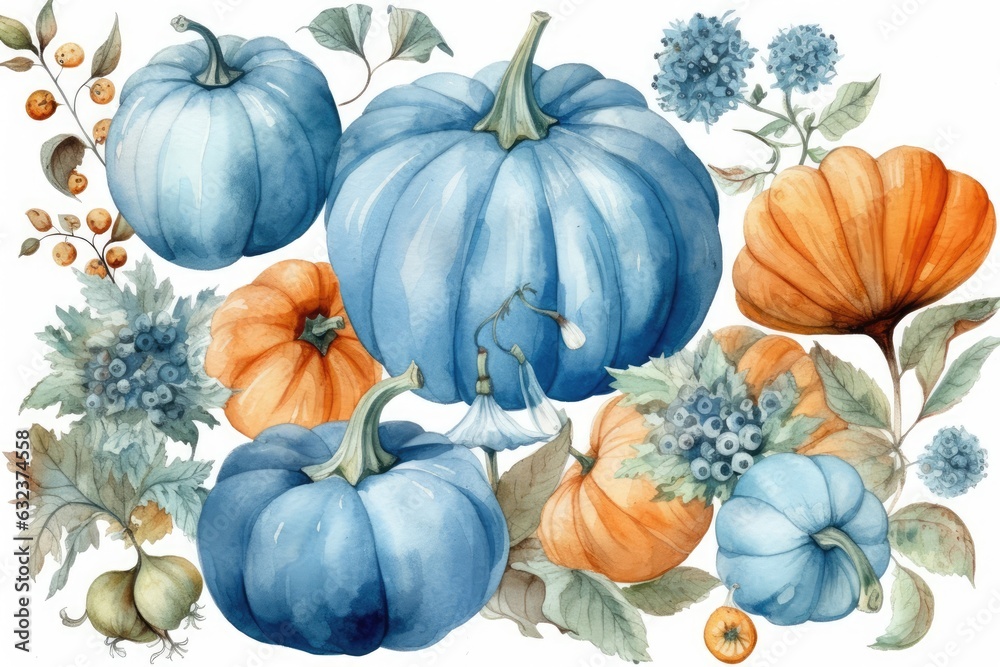 Blue pumpkins in a flowery design painted in watercolor Halloween clipart Arrangement of fall-themed components Clipart of a harvest crop isolated on a white backdrop. Generative AI