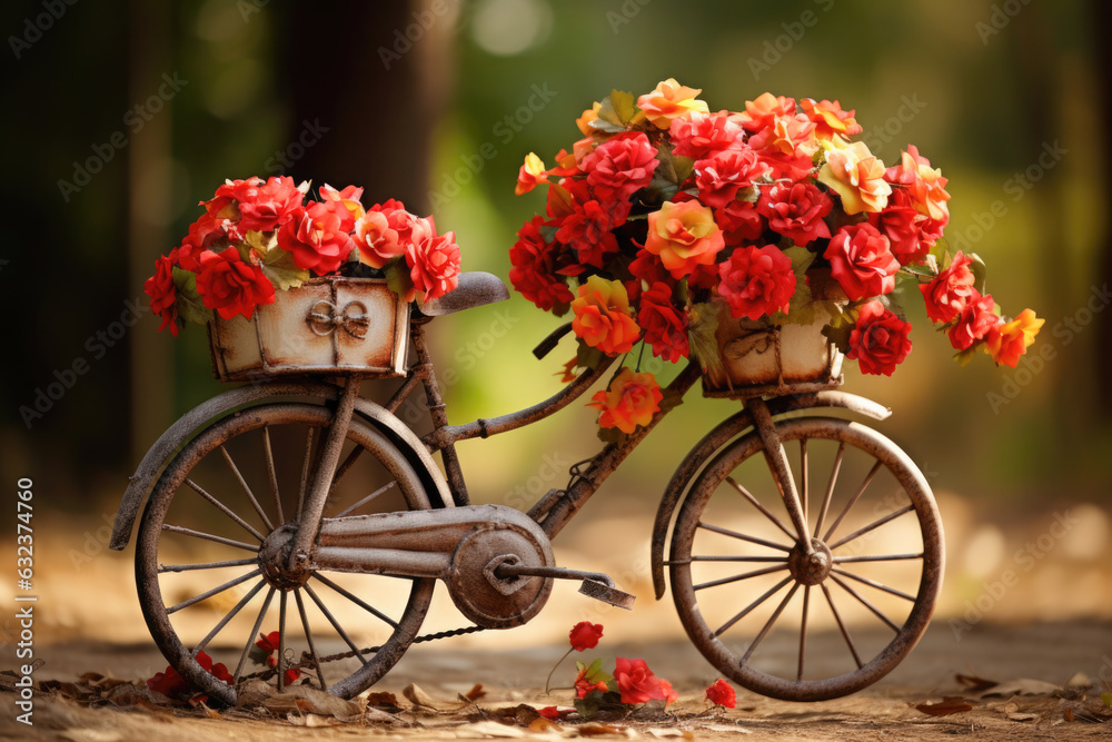 Bicycle with two baskets of flowers on it. The bicycle is brown and rusted