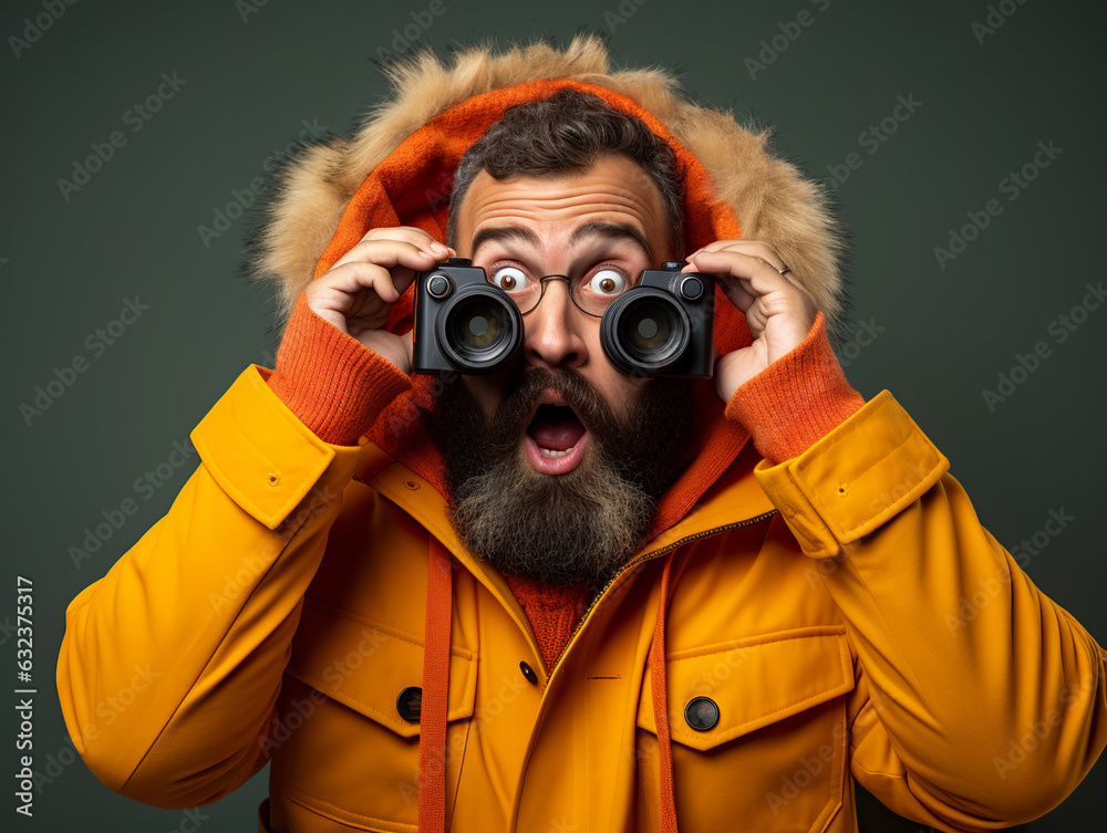 Funny guy in an orange coat peers through binoculars with a surprised expression, evoking humor and intrigue in a single glance. Generative AI Funny guy in an orange coat peers through binoculars with a surprised expression, evoking humor and intrigue in a single glance. Generative AI