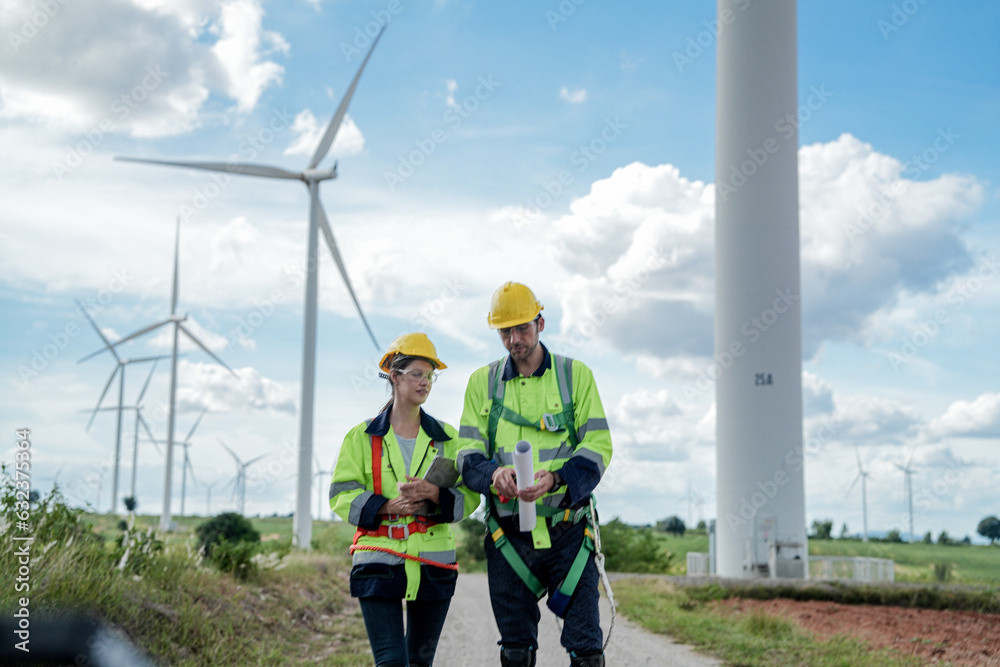 Engineers Man And Woman Inspecting Construction Of WIND TURBINE FARM engineers-man-and-woman-inspecting-construction-of-wind-turbine-farm