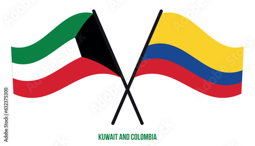 Kuwait and Colombia Flags Crossed And Waving Flat Style. Official Proportion. Correct Colors