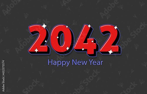 Happy New Year 2042 Numbers Written In a Red Bold Font On Floral Background.
