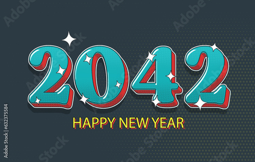 Happy New Year 2042 Concept Illustration On Halftone Effect. Modern Holiday Design.