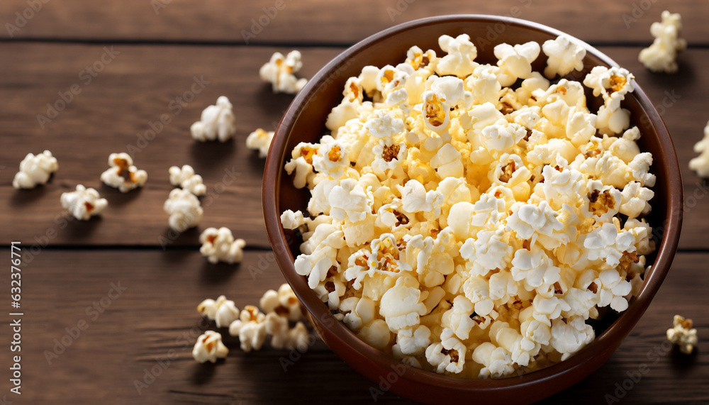 bowl of popcorn on a brown wooden table bowl of popcorn on a brown wooden table