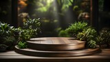 Wooden podium and green plants on the background