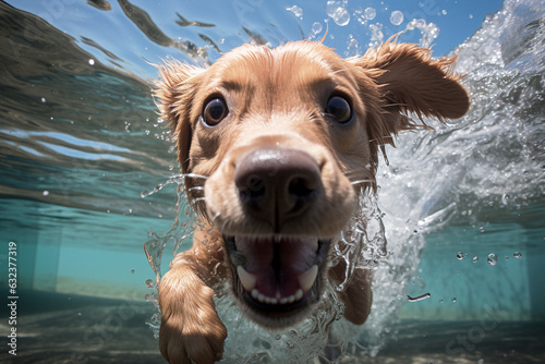 Fototapeta golden Labrador retriever captured underwater, hilarious pose, its fur floating