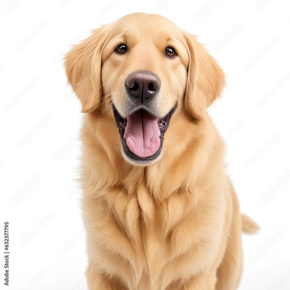 Cute golden retriever dog on white background. Generative AI