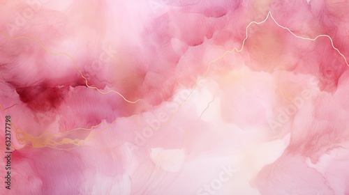Pink texture watercolor background, abstract paint stain with gold details