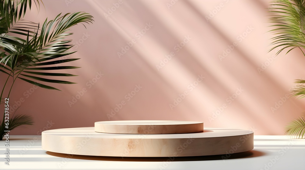 Wooden podium on white background with palm leaves. product display montage Wooden podium on white background with palm leaves. product display montage