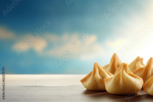 dumplings in a plate on a colored background.copy space. 
