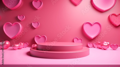 3D realistic pink podium with hearts background for product placement 