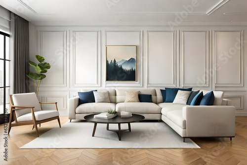 Modern living room interior with white sofa near empty beige wall. 3d rendering. Template
