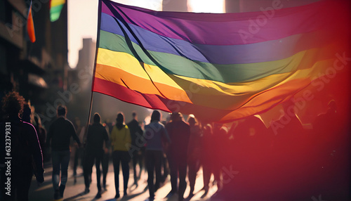 People holding rainbow flag on lgbtq pride parade, Ai generated image © TrendyImages