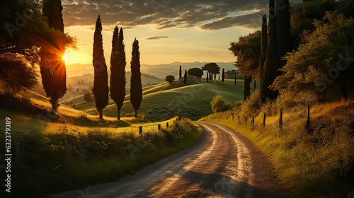 Serenity of Tuscan Landscapes: Picturesque Road Amidst Cypress Trees in Italy
