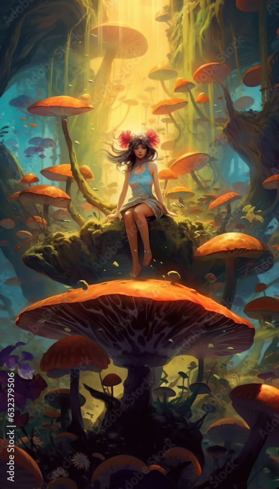 a beautiful girl in the surreal world of wonders. Giant mushrooms and vibrant colors