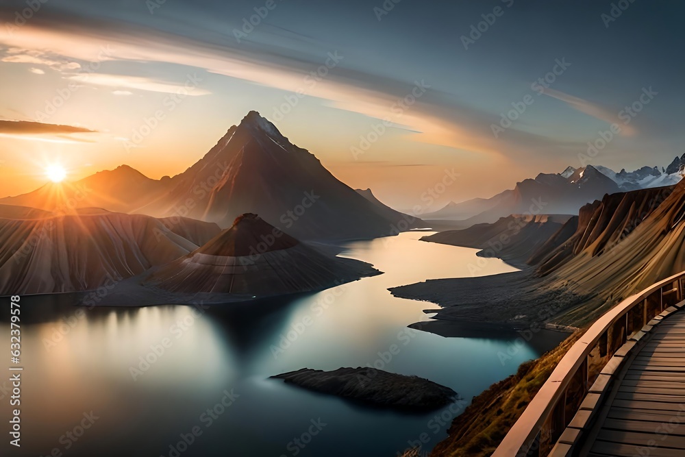 the sun is setting over a mountain lake
