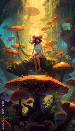 a beautiful girl in the surreal world of wonders. Giant mushrooms and vibrant colors © Jacques Evangelista