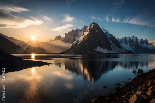 the sun is setting over a mountain lake 