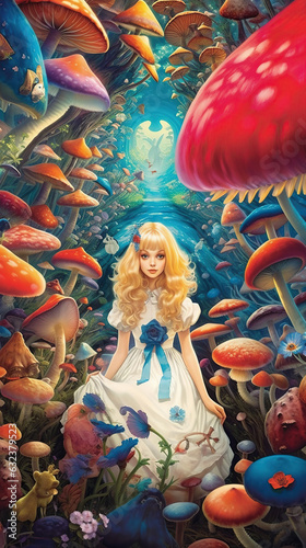 a beautiful girl in the surreal world of wonders. Giant mushrooms and vibrant colors