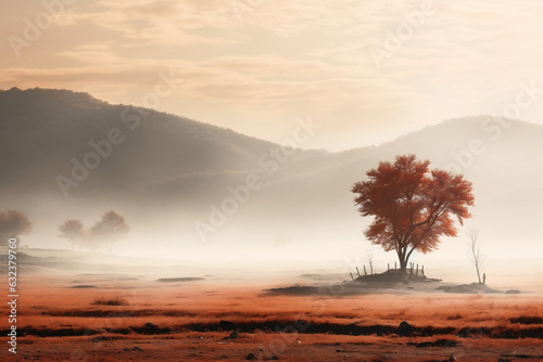 Misty Serenity: Enchanting Autumn Landscape Shrouded in Fog
