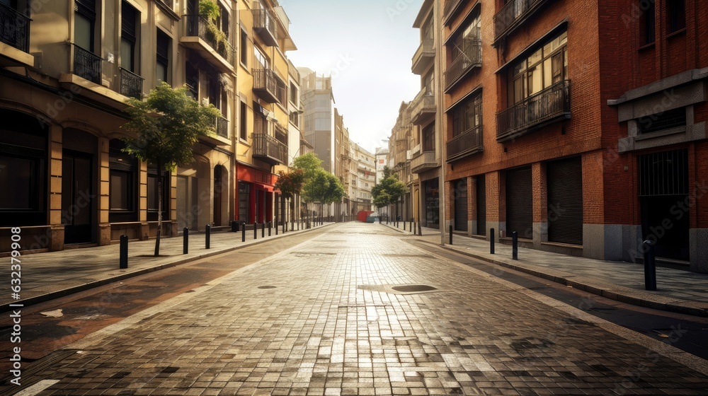 Fototapeta premium Illustration image of classical architecture and urban roads, empty road in the city, Generative AI illustration