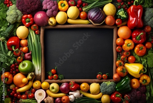 Top view of empty frame amidst fresh vegetables and fruits. generative ai