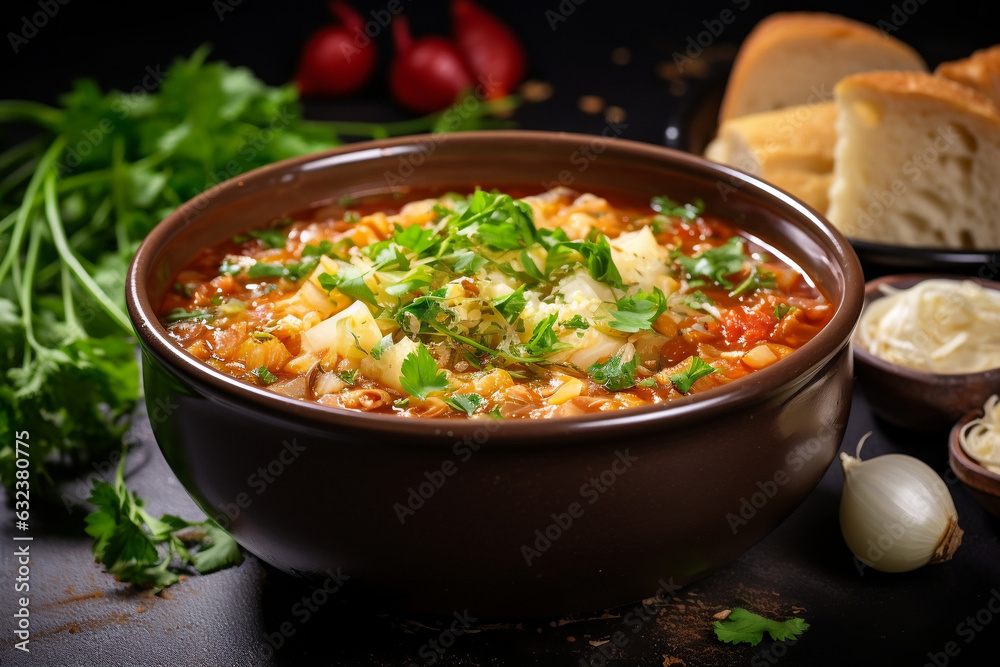 Savory Cabbage Soup Served in a Bowl on Rustic Concrete Background for Your Autumn Recipe Collection Savory Cabbage Soup Served in a Bowl on Rustic Concrete Background for Your Autumn Recipe Collection