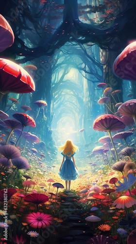a beautiful girl in the surreal world of wonders. Giant mushrooms and vibrant colors