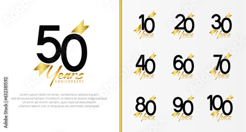 set of anniversary logo black color number and golden ribbon on white background for celebration
