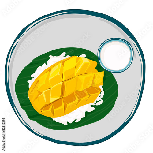 Mango with sticky rice and coconut milk serve on banana leaf. Thai traditional dessert, popular menu, sweet,appetizer. yellow mango and sweet coconut sticky rice. Authentic Thai food, street food. 