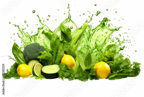 fresh green vegetables with water splashes isolated on white background. generative ai